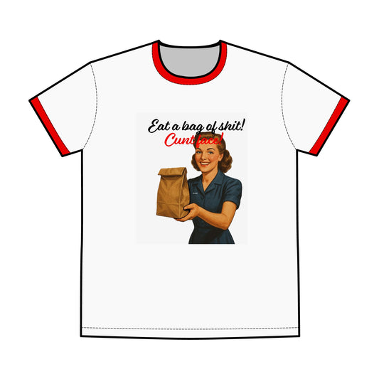 Eat a Bag of Sh*t T-Shirt – Vintage Ringer Tee with Brown Bag Graphic Tee, Retro Vibe Shirt, Unique Gift for Him, Humorous Fashion, Casual Wear, Perfect for Parties