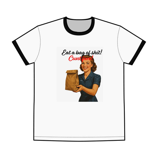 Eat a Bag of Sh*t T-Shirt – Vintage Ringer Tee with Brown Bag Graphic Tee, Retro Vibe Shirt, Unique Gift for Him, Humorous Fashion, Casual Wear, Perfect for Parties